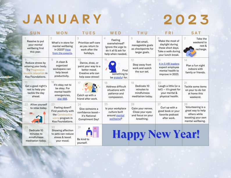 January 2023 mental wellbeing calendar